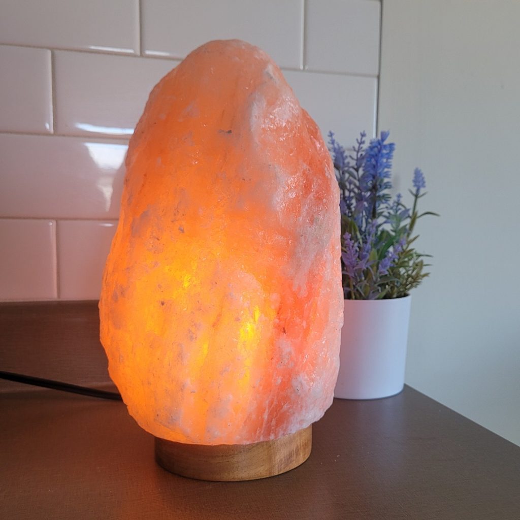 Pink Salt Lamp Large, 100% Natural and Authentic Natural Salt with pink and orange crystal on a wood base, 7-8.5 lbs, glowing warm amber light