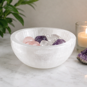 Selenite Bowl Medium, handcrafted Moroccan selenite crystal charging bowl, 10cm diameter by Premier Halite