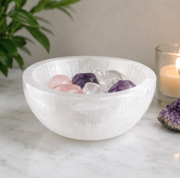 Selenite Bowl Medium, handcrafted Moroccan selenite crystal charging bowl, 10cm diameter by Premier Halite