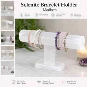 Medium 15cm selenite bracelet holder, hand-made Moroccan crystal jewelry display by Premier Halite