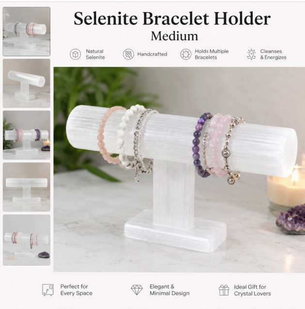 Medium 15cm selenite bracelet holder, hand-made Moroccan crystal jewelry display by Premier Halite