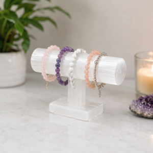 Small 10cm selenite bracelet holder, hand-made Moroccan crystal jewelry display by Premier Halite