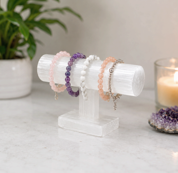 Small 10cm selenite bracelet holder, hand-made Moroccan crystal jewelry display by Premier Halite