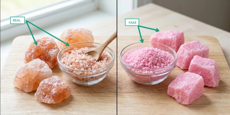 Authentic pink Himalayan salt with natural color variations compared to artificially dyed imitation salt showing flat uniform color