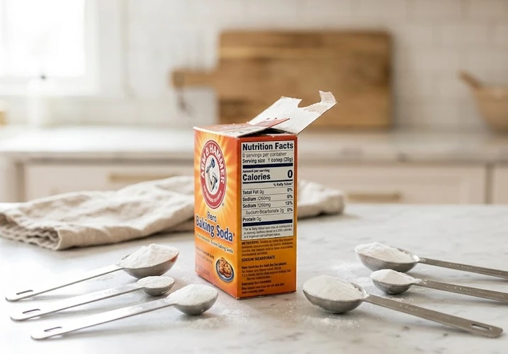 Baking soda box with nutrition facts label visible on marble countertop with measuring spoons