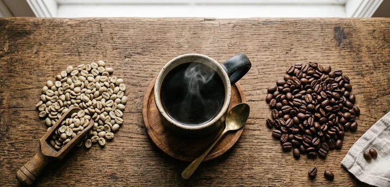 Green coffee beans, roasted beans, and brewed coffee cup showing the journey from bean to cup for coffee nutrition guide