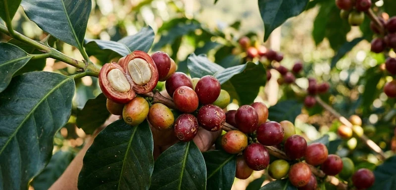 Red coffee cherries on plant showing the fruit that contains coffee beans inside before processing