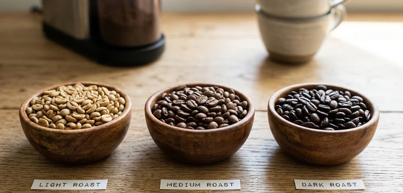 Light, medium, and dark roast coffee beans comparison showing how roasting changes bean color and affects nutritional compounds like chlorogenic acids