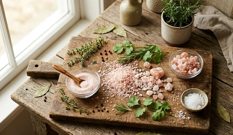 image showing ingredients showing including cooking with himalayan pink salt and salt cup with spoon on table