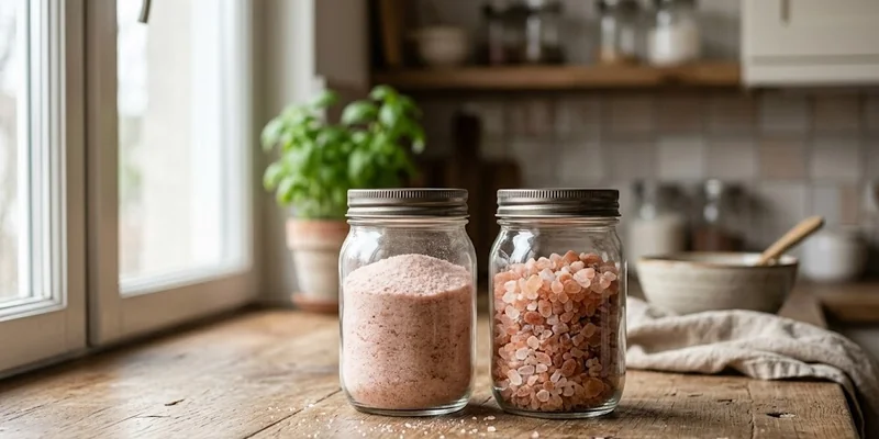 Glass jars of fine and coarse Himalayan pink salt stored in a kitchen pantry or counter