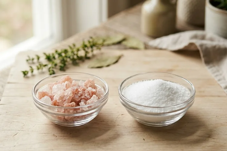 Side by side comparison of pink Himalayan salt and white table salt in small bowls