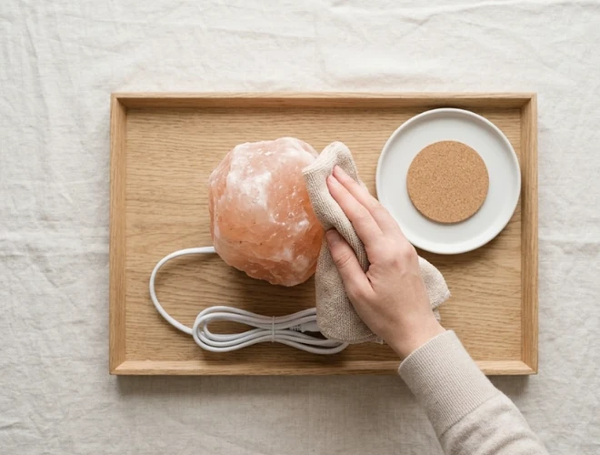 Proper care and maintenance of Himalayan salt lamp showing gentle dusting with dry cloth and protective wooden tray