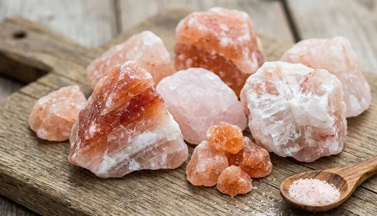 Different pieces of Himalayan salt showing natural color variations from light pink to deep orange pink and white streaks