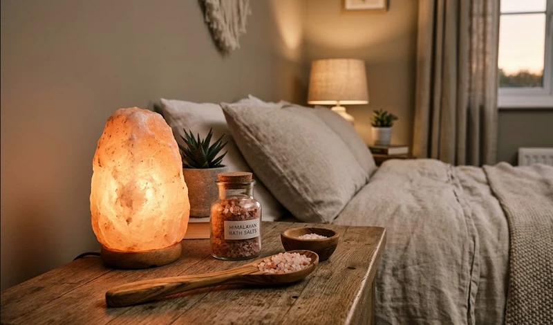 Pink Himalayan salt lamp and bath salt arranged in cozy home setting showing natural color and warm glow for home decor
