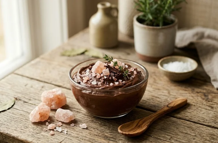 Chocolate mousse or dessert topped with coarse pink Himalayan salt crystals