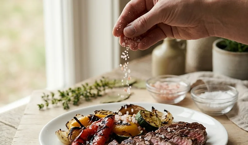 Hand sprinkling coarse pink Himalayan salt over roasted vegetables or grilled meat