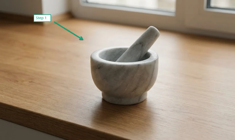 marble spice grinder mortar and pestle sitting directly on a flat wooden kitchen counter