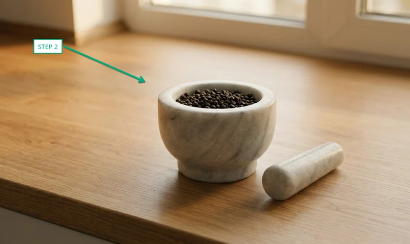 marble mortar filled one quarter full with whole black peppercorns and pestle beside it