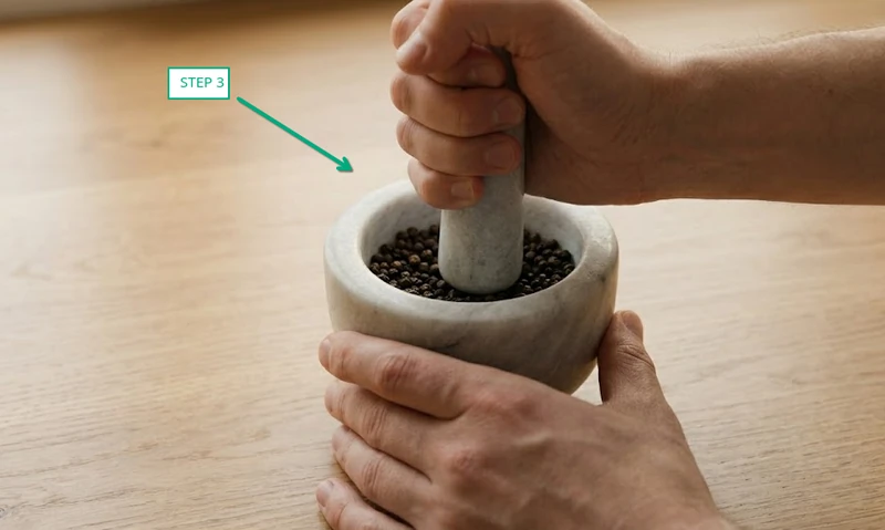 hand holding marble pestle pressing straight down on black peppercorns inside the mortar