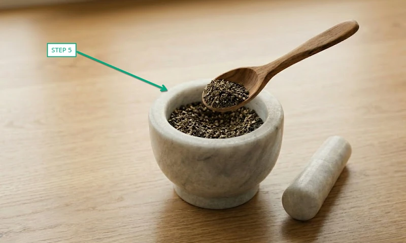 small wooden spoon scooping freshly ground black pepper out of a marble mortar