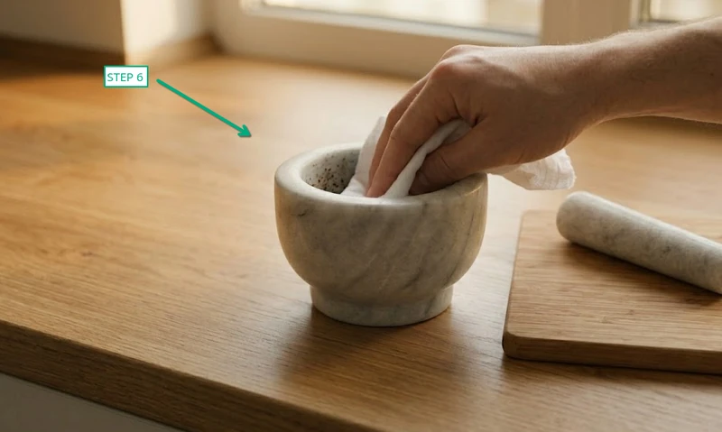 dry white cloth wiping the inside of a marble mortar after use