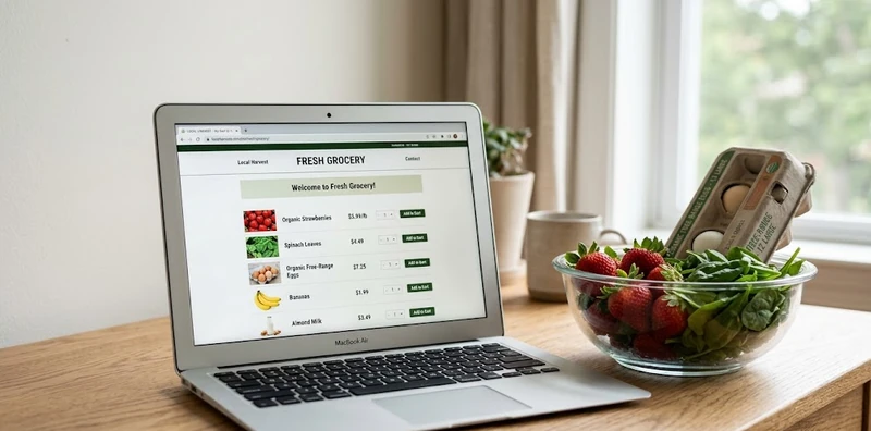 Laptop showing organic grocery website next to fresh organic strawberries, spinach, and eggs on a light wood countertop