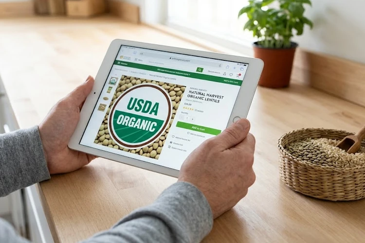 Hands holding a tablet over a kitchen counter, screen zoomed in on an organic certification seal, with a small basket of organic lentils nearby