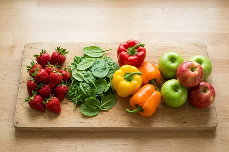 Fresh organic strawberries, spinach, bell peppers, and apples arranged on a light wooden cutting board