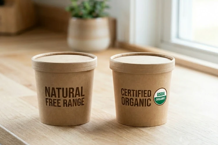 Two identical food containers side by side: one labeled "Natural" with no seal, one showing official Certified Organic seal