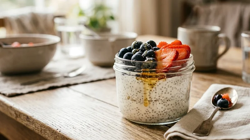 Creamy chia seed pudding in a glass jar topped with fresh berries and honey