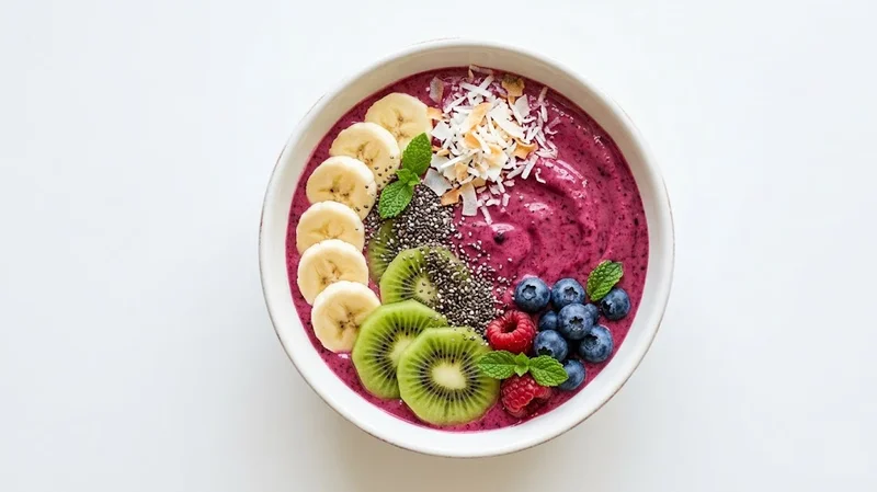 Colorful smoothie bowl with chia seeds sprinkled on top alongside fresh fruits