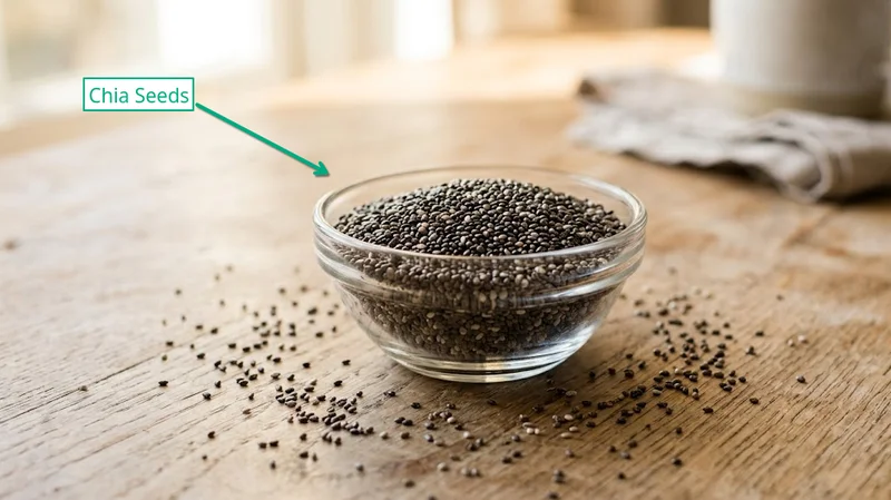 Small bowl of black and white chia seeds on wooden surface showing natural color variation