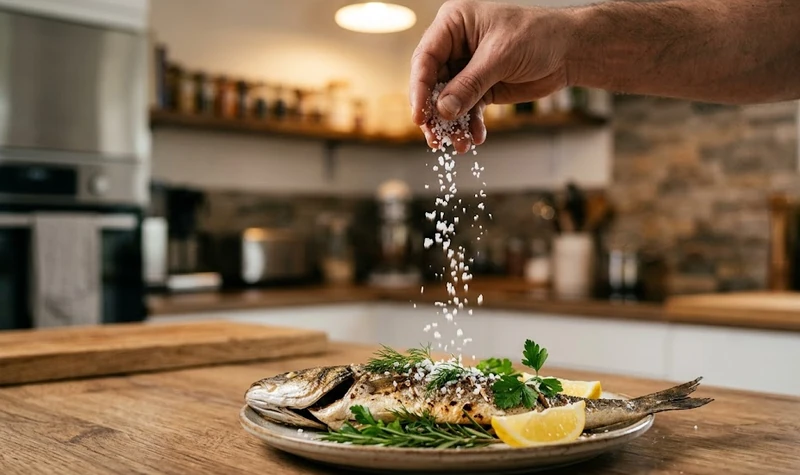 Chef sprinkling coarse sea salt on finished dish in modern kitchen