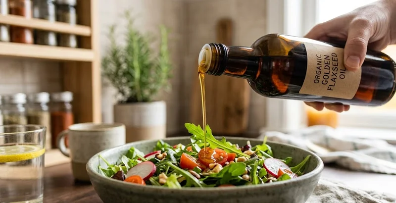 Dark glass bottle of flaxseed oil being drizzled over a fresh green salad in a bowl