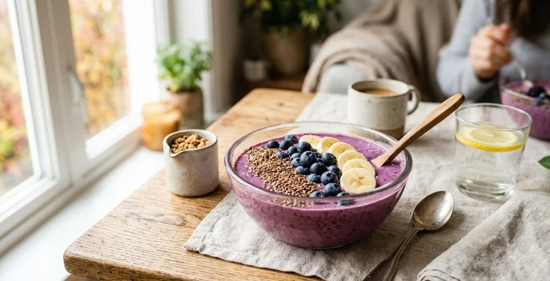 Healthy breakfast smoothie bowl topped with ground flaxseeds, fresh berries, and sliced bananas