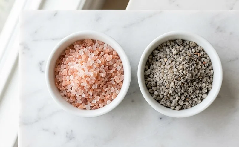 Two bowls side by side showing clean food grade rock salt and coarse industrial rock salt for