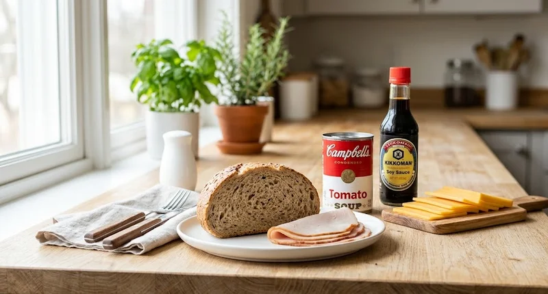Common foods with high sodium content like bread, canned soup, deli meat, and soy sauce arranged on kitchen counter