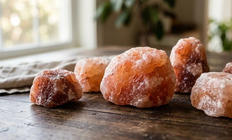 Large chunks of raw pink Himalayan salt rocks showing natural red and pink color variations