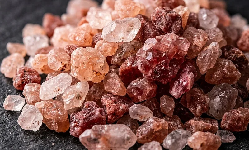 Extreme close up of pink salt crystals showing natural iron oxide color variations