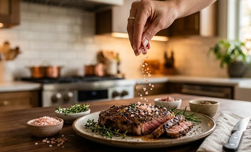 Chef sprinkling coarse pink Himalayan salt over a finished grilled meat dish