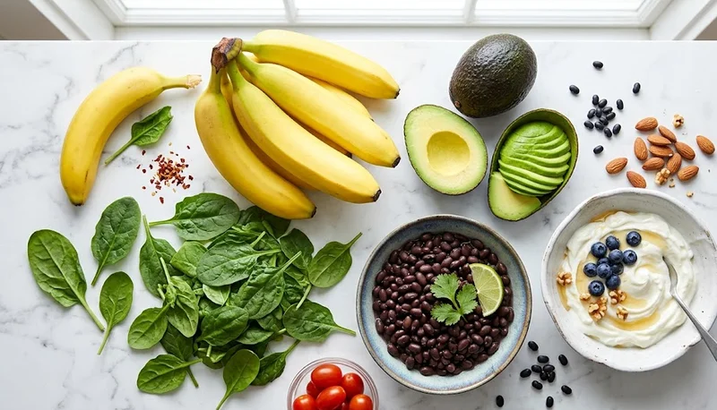  Fresh potassium rich foods like bananas, avocados, spinach, beans, and yogurt arranged on a white surface