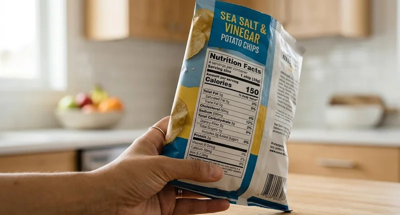 Hand holding a food package while checking the sodium content on the nutrition facts label