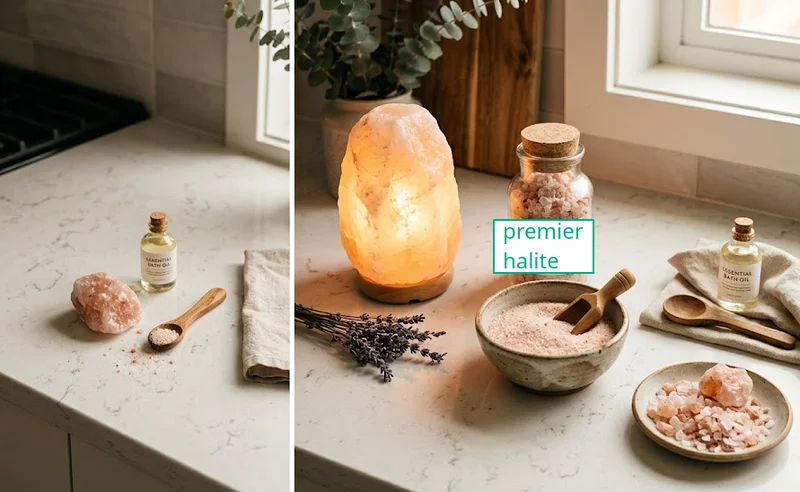 Collection of rock salt uses including bath salts, salt lamp, and cooking salt arranged on kitchen