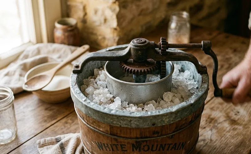 Old-fashioned ice cream maker with rock salt and ice surrounding the inner container