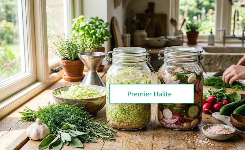 Glass jars of fermenting vegetables with coarse rock salt visible in the brine