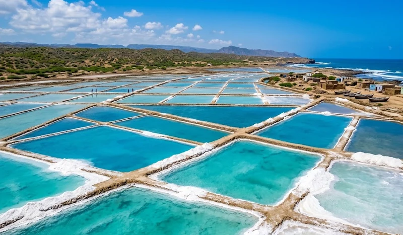 Traditional sea salt harvesting ponds with white salt crystals forming in shallow water