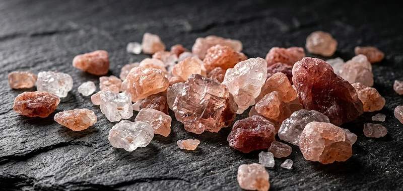 Close up view of pink Himalayan salt crystals showing natural mineral variations and color