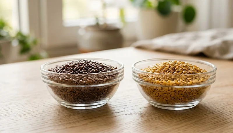Small bowls of brown and golden flaxseeds showing the two natural varieties on a wooden table