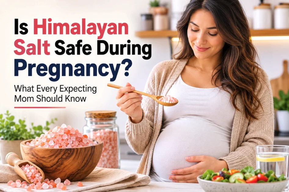 Pregnant woman holding a spoon of Himalayan pink salt in a kitchen with a bowl of pink salt on the counter, illustrating the topic of Himalayan salt use during pregnancy. Is himalayan salt safe during pregnancy