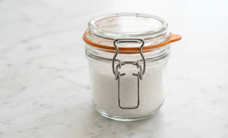  Airtight glass jar filled with white salt sitting on a marble kitchen counter